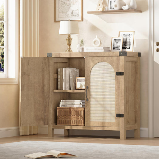 GarveeHome Rattan Sideboard Buffet Cabinets with Storage, Farmhouse Kitchen Accent Storage Cabinet, Boho Wooden Coffee Bar Cabinet for Dining Room, Living Room, Hallway, Natural