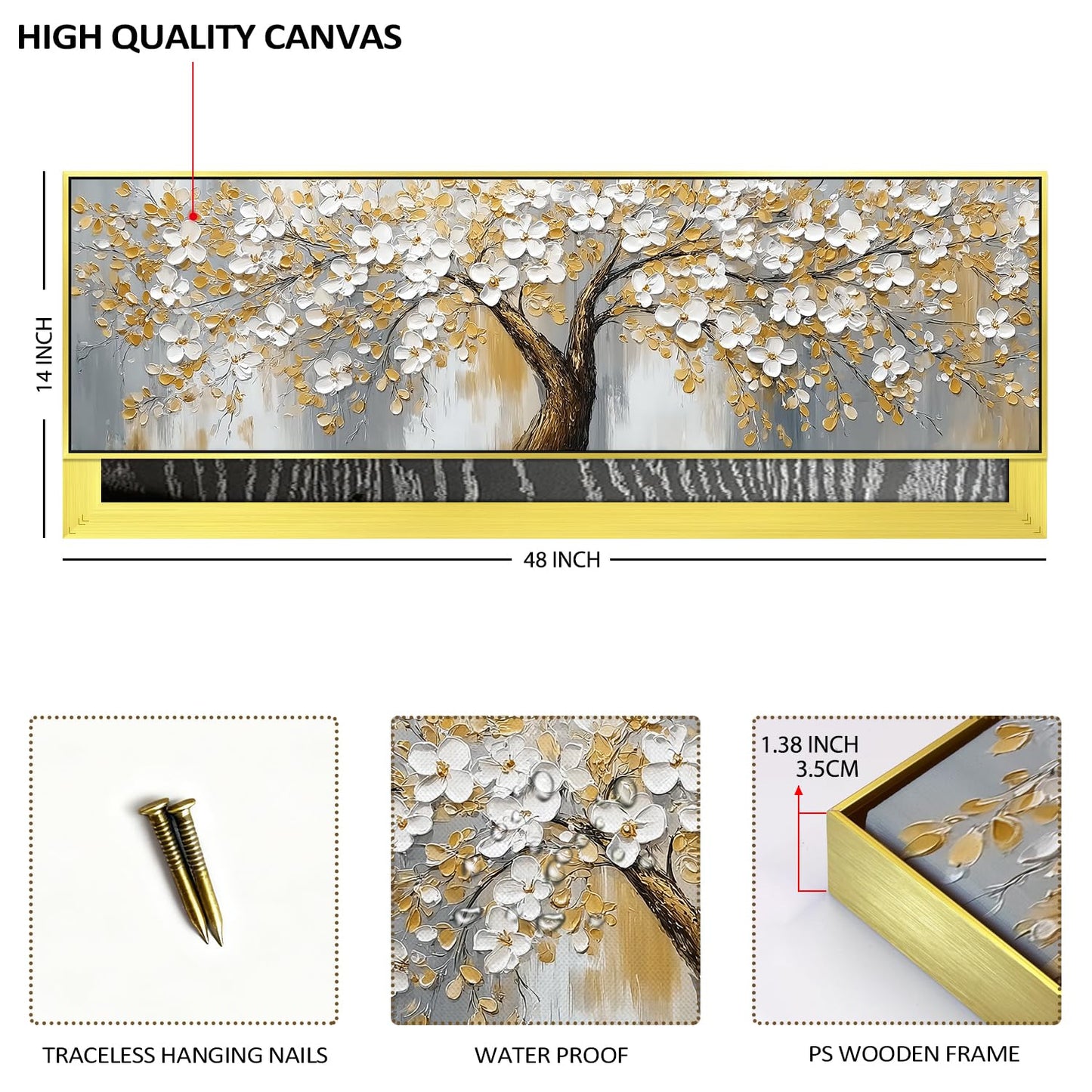 Abstract Tree Canvas Wall Art Gold Framed Modern Office Decorations,Yellow Gray Wall Decor Nature Blossom Flowers Trees Scenery Painting Poster Modern Artwork for Bedroom Home Decorations 14x48”