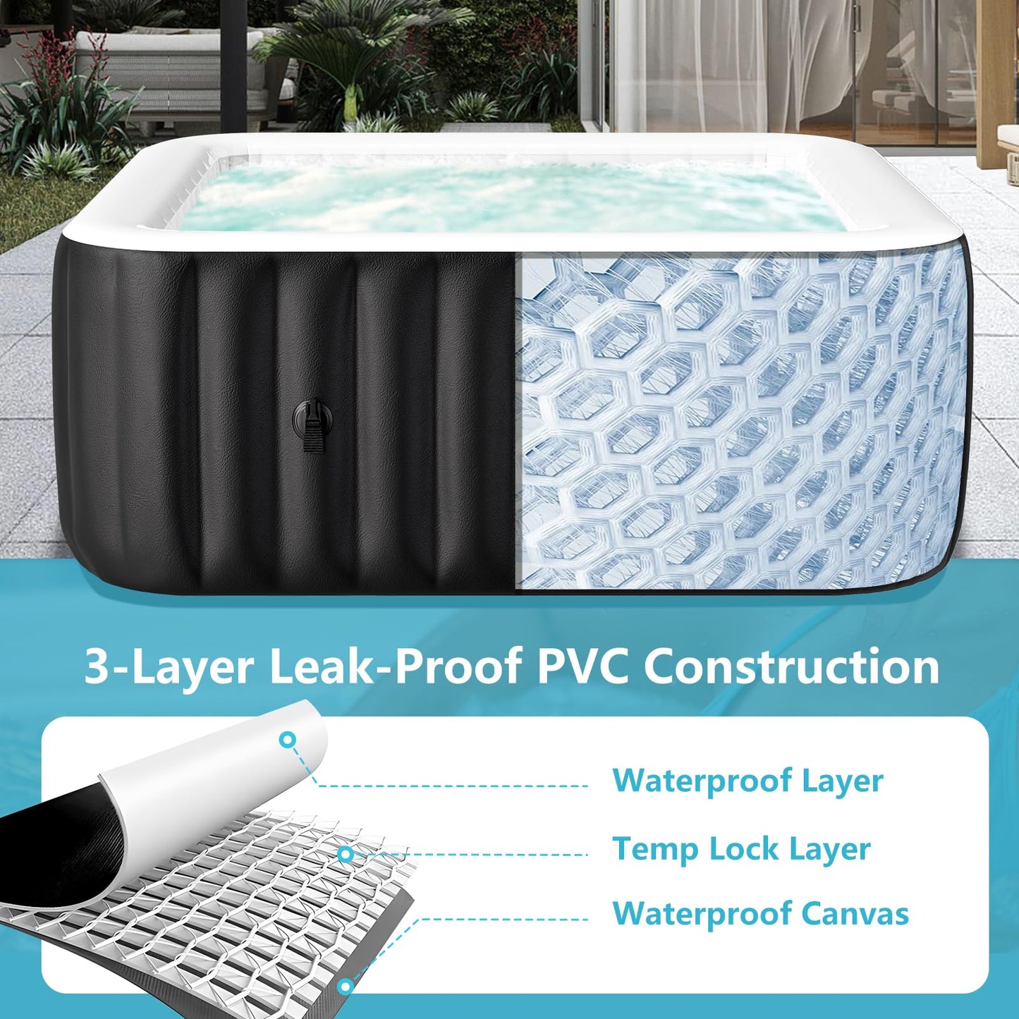 Blow Up Inflatable Hot Tub, 4-6 Person Large Square Portable Hot Tub, Leak-Proof PVC Outdoor Spa with 130 Air Jets, Heater Pump and Insulated Cover, 73” X 73”X 25”