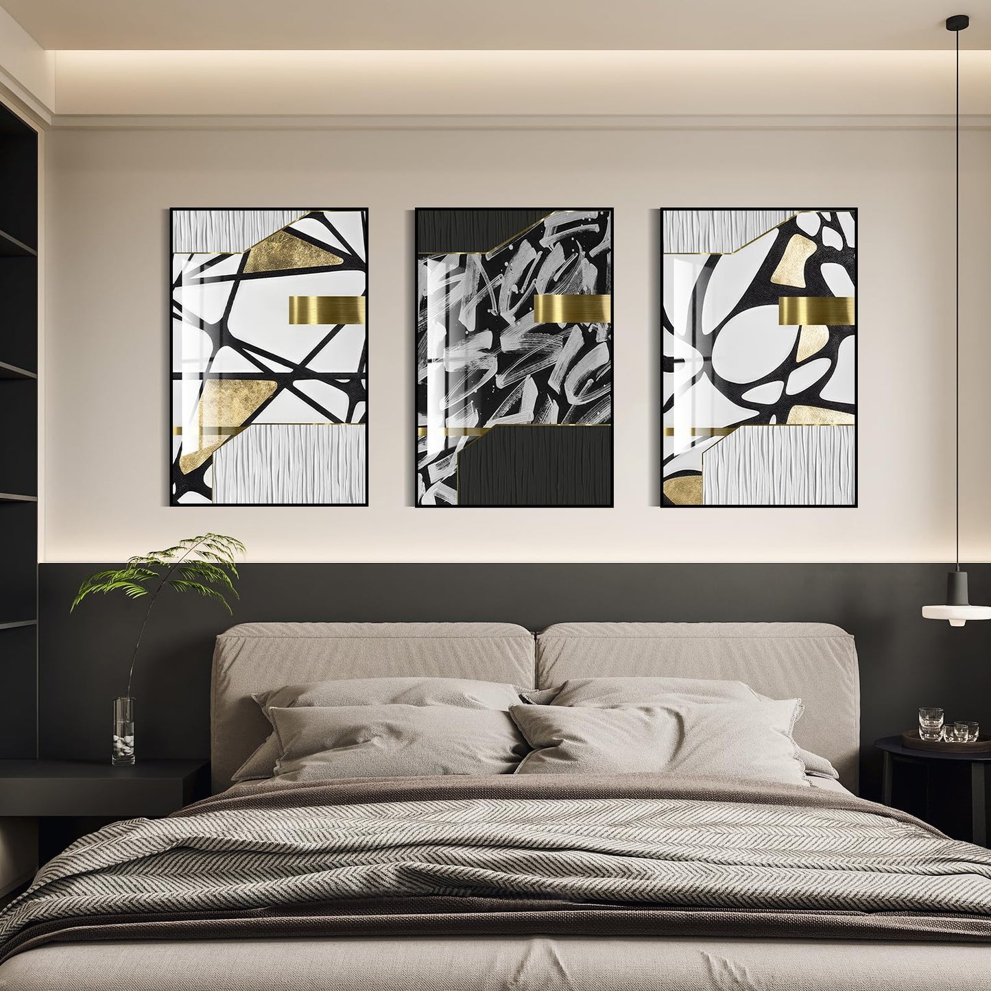 QKF large bright abstract geometric wall decoration, modern minimalist black and white wall art, suitable for bedroom, living room, bathroom, office, home poster printing 20 "X 28" inch 3-piece set