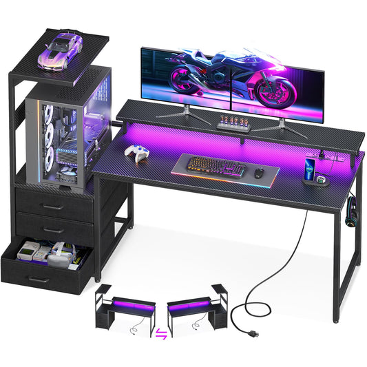 AODK 63 inch Gaming Desk with PC Display Stand, Reversible Steel Wood Computer Desk for Gaming Setup, Tiered Design to Show Off Your PC Tower & Accessories, Black