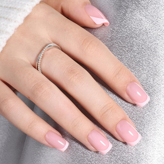 WiniBeauty Pink French Tip Press On Nails - Pink Short Square Fake Nails, French Tip Press On Nails Reusable Stick On Nails in 16 Sizes, 32pcs False Nail Kit for Women & Girls