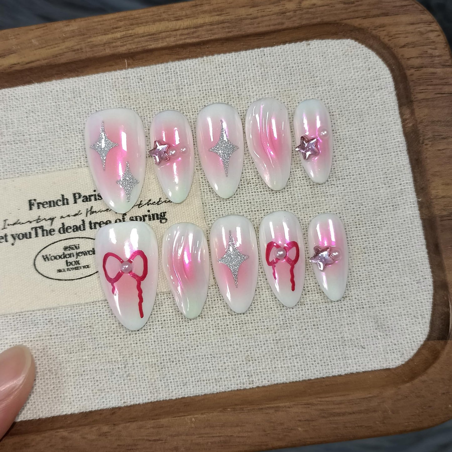 TENPAL Handmade Press On Nails Almond,Aurora Pink Acrylic Glossy Y2k Sweet Cool Soft Gel Fake Nails,Reusable Glue On Nails With Star Bow Stars Designs,10pcs/Box Manicure Art With Charms(M)