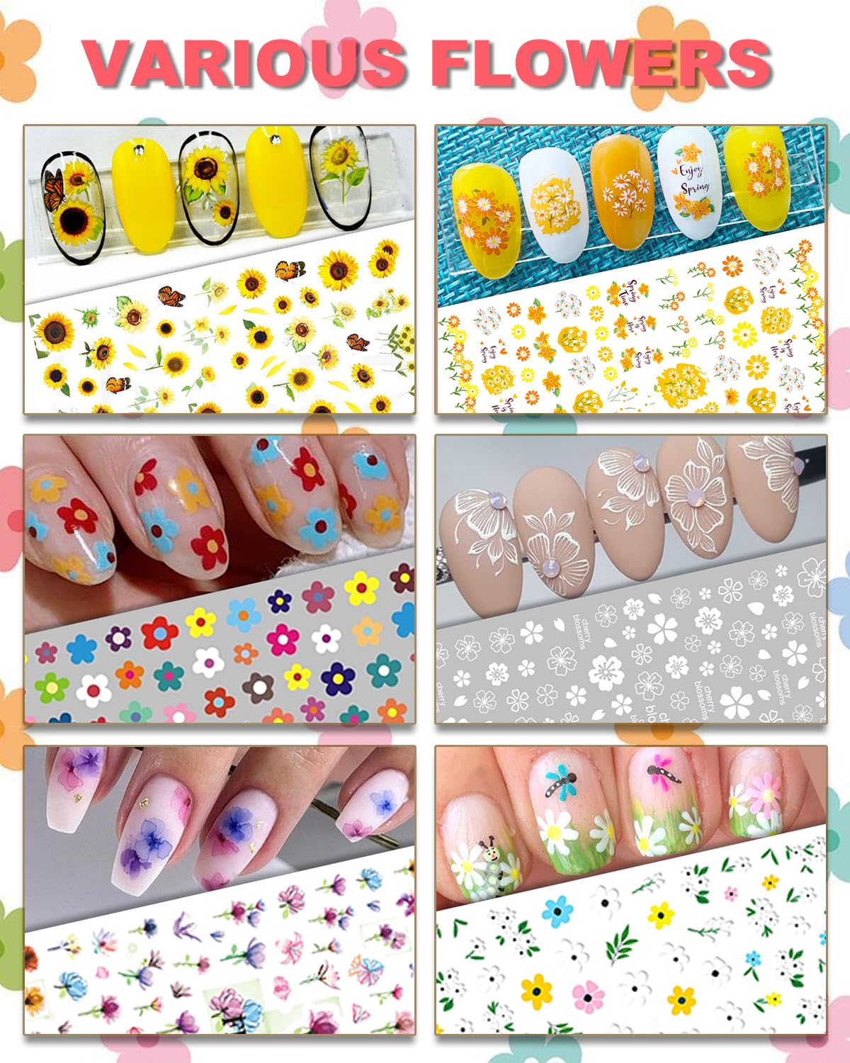 IDDFEVE 30 Sheets All Holiday Nail Art Stickers, Variety Pack Seasonal Nail Decals, Self-Adhesive Colorful Design for Daisy Flowers Butterflies Star Halloween Christmas