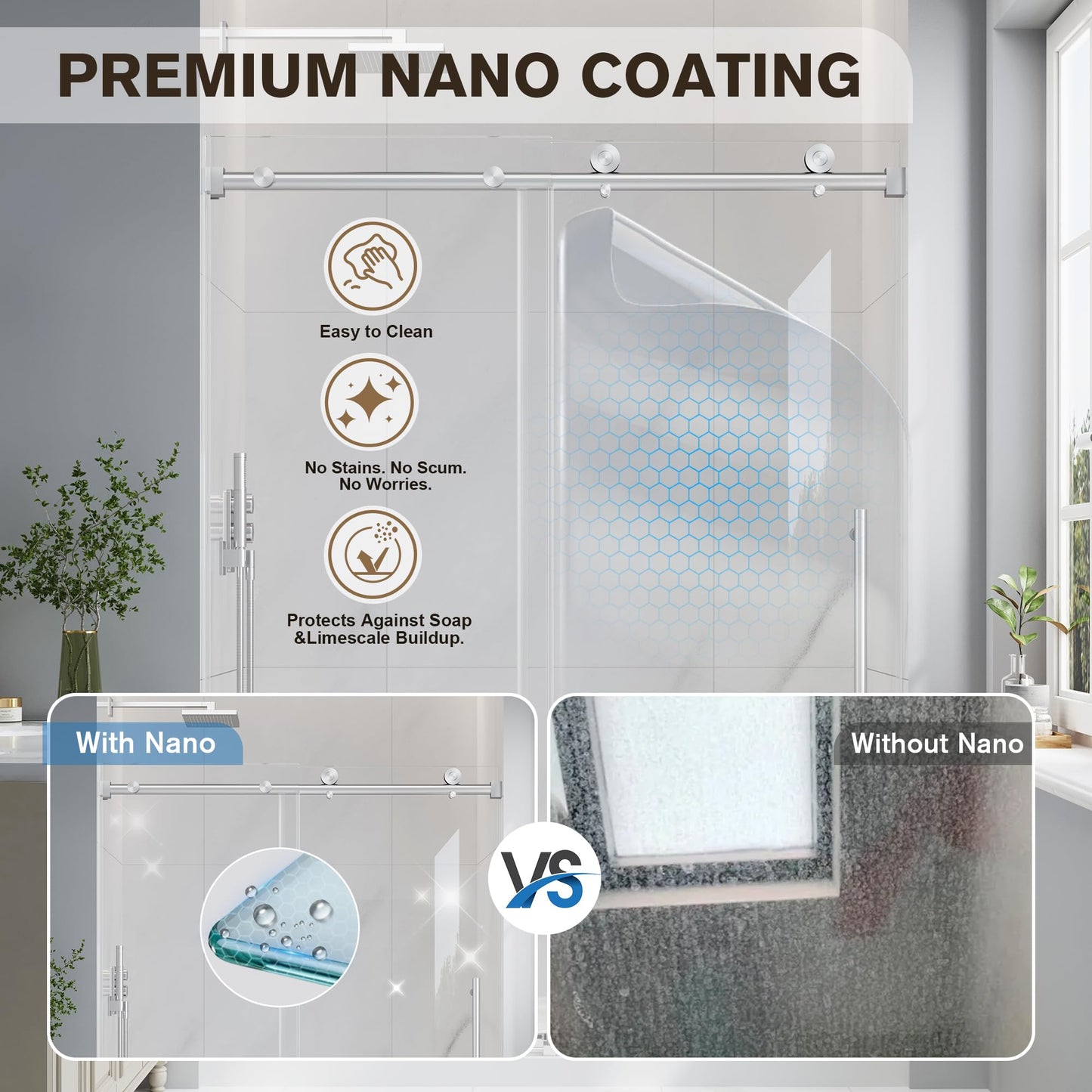 EASYWORC Frameless Glass Shower Door, 55-60" W x 76" H Sliding Frameless Shower Door, 1/4''(6mm) SGCC Tempered Glass, Explosion-Proof Film Nano Coating, Stainless Steel Hardware, Brushed Nickel