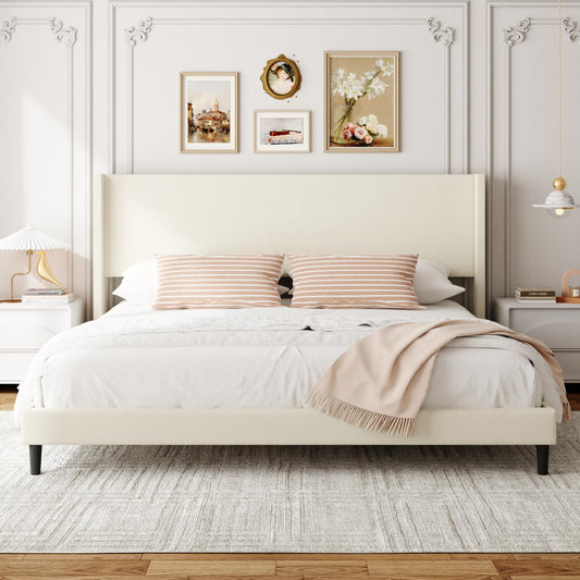 Sismplly Queen Bed Frame with Wingback Headboard, Velvet Upholstered Platform Bed with Wooden Slats, 6.46“ Under Bed Storage, Metal Support, Noise Free, No Box Spring Needed, Beige