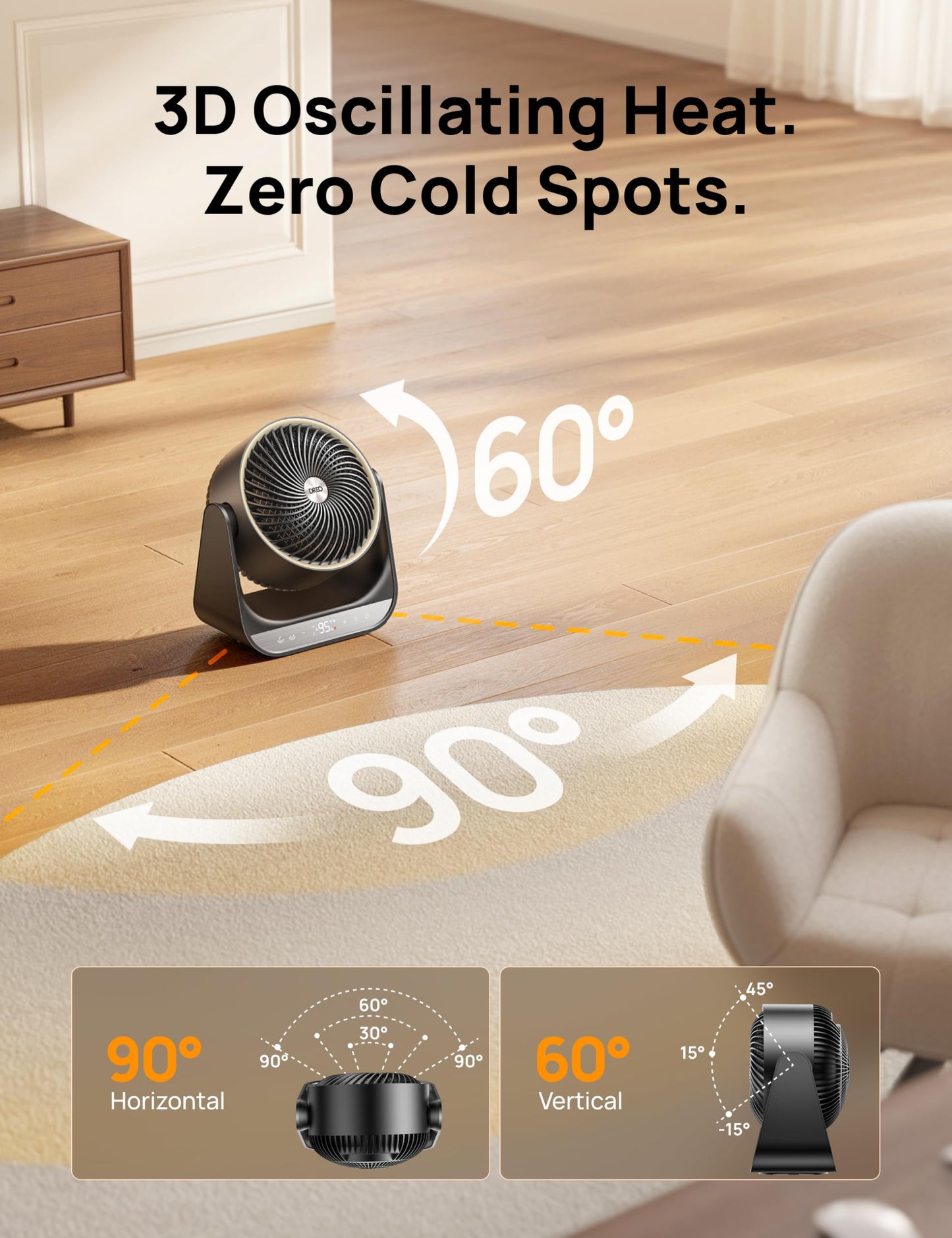 DREO Whole Room Heater 714, 60° Vertical & 90° Horizontal 3D Oscillating Heating, 12 ft/s Long-Range Circulator, 3 Heat & 3 Fan Settings, Space Heaters for Indoor Use, Bedroom, Office, Black