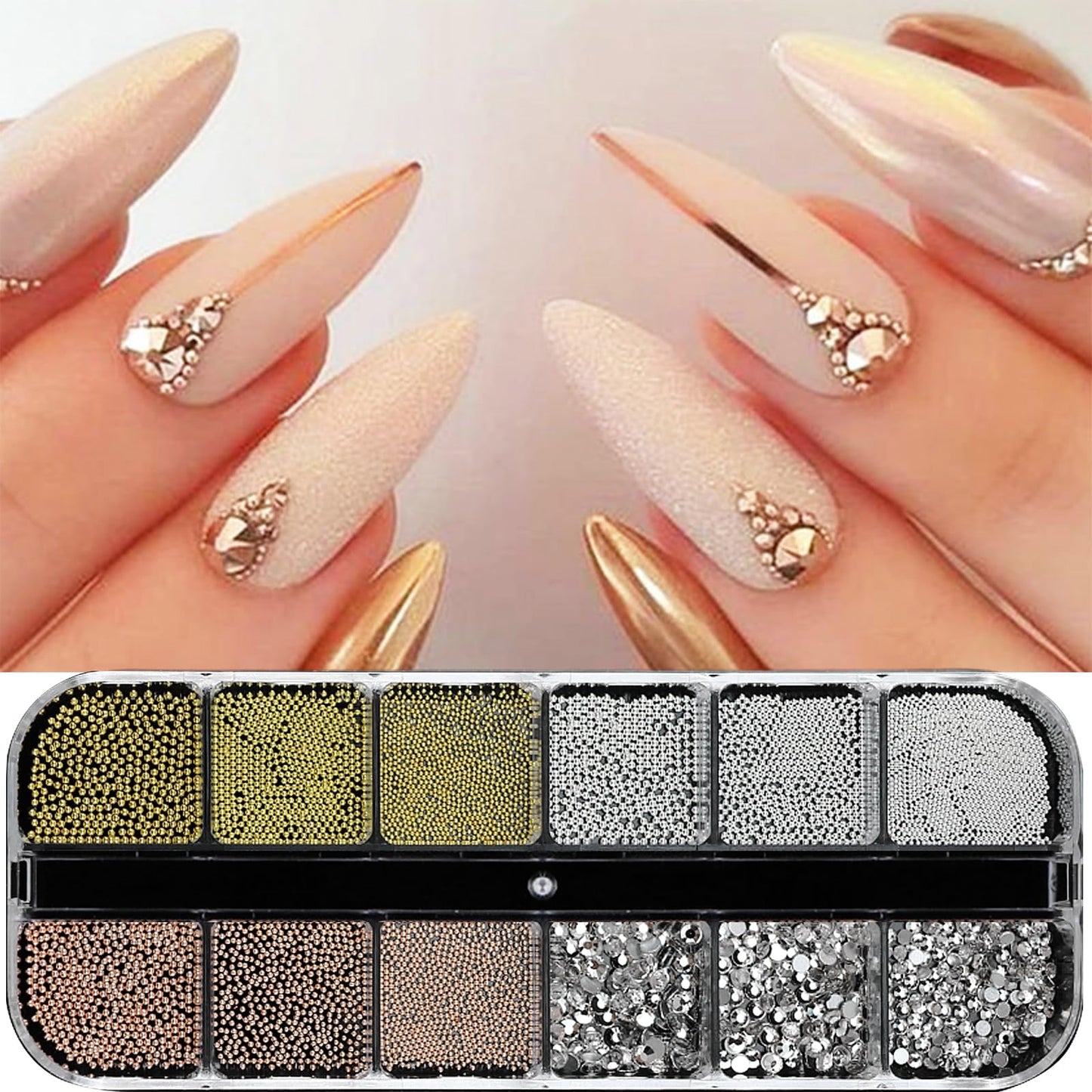 SEMATA White Nail Art Pearls Charms Mixed Size Nail Gems Flatback Nails Rhinestones Pearls Gold Silver Caviar Nails Beads Art Accessories Decoration Design for Women