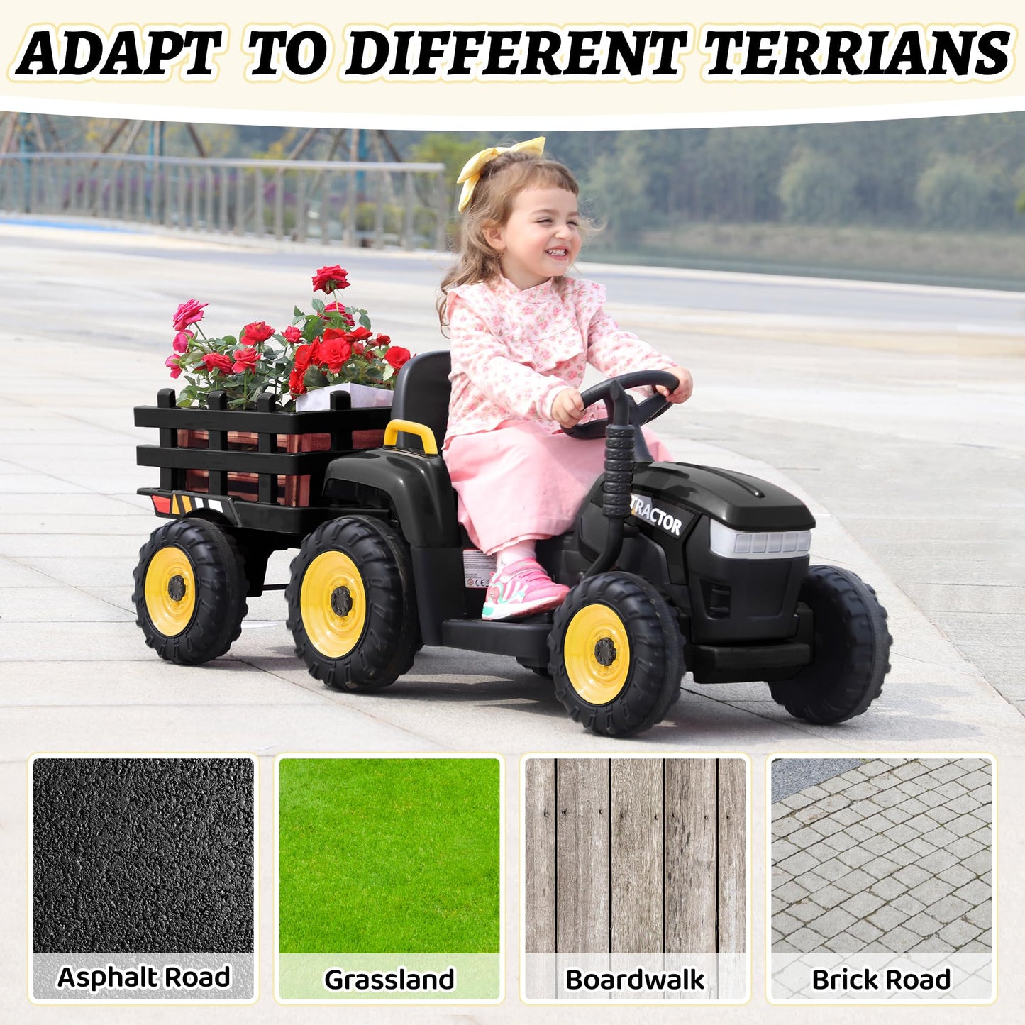 TOBBI Kids Electric Ride On Toy Tractor, Toddlers 12V Battery-Powered Car to Drive, 35W Dual Motor 6-Wheels Trailer Vehicle with 3-Speeds/LED & Horn Functions for Chirdren Aged 3-6-Black