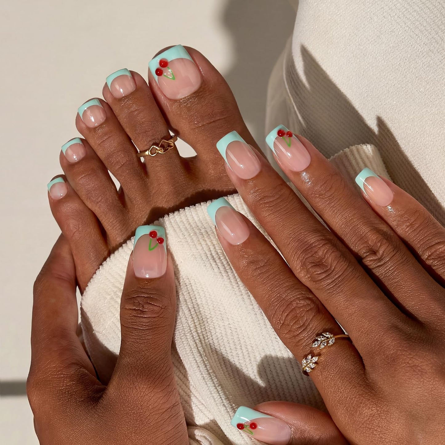 BTArtbox French Tip Press On Nails - Berry Pail, Easy-to-Apply Mint Green Short Square Press On Nails with Glue and Adhesive Tabs in 16 Sizes - 32 Nails All-in-One Kit