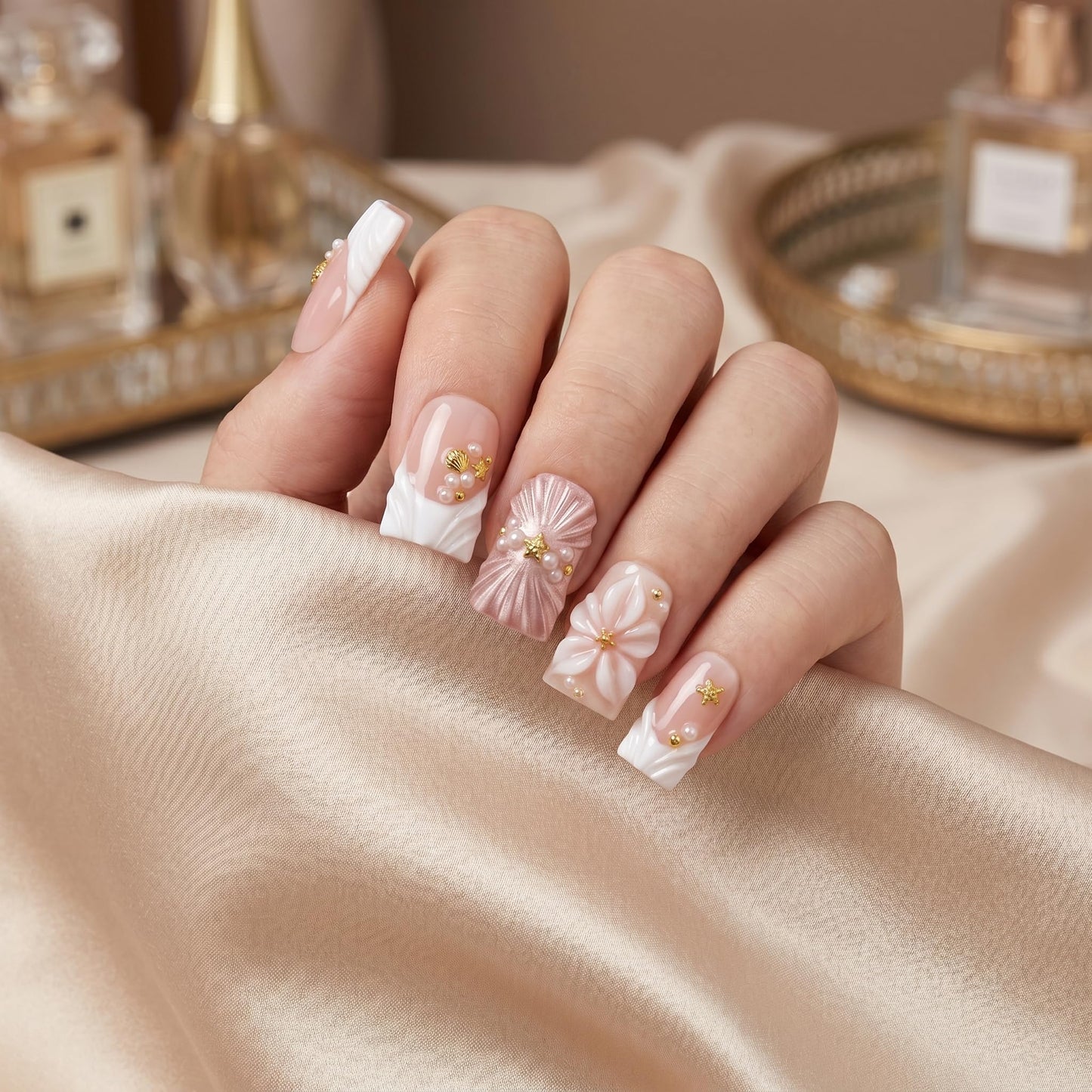 Medium Duckbill Press on Nails Luxury Handmade French Tips False Nails Summer with 3D Flower Full Cover Acrylic Nails for Women 10Pcs