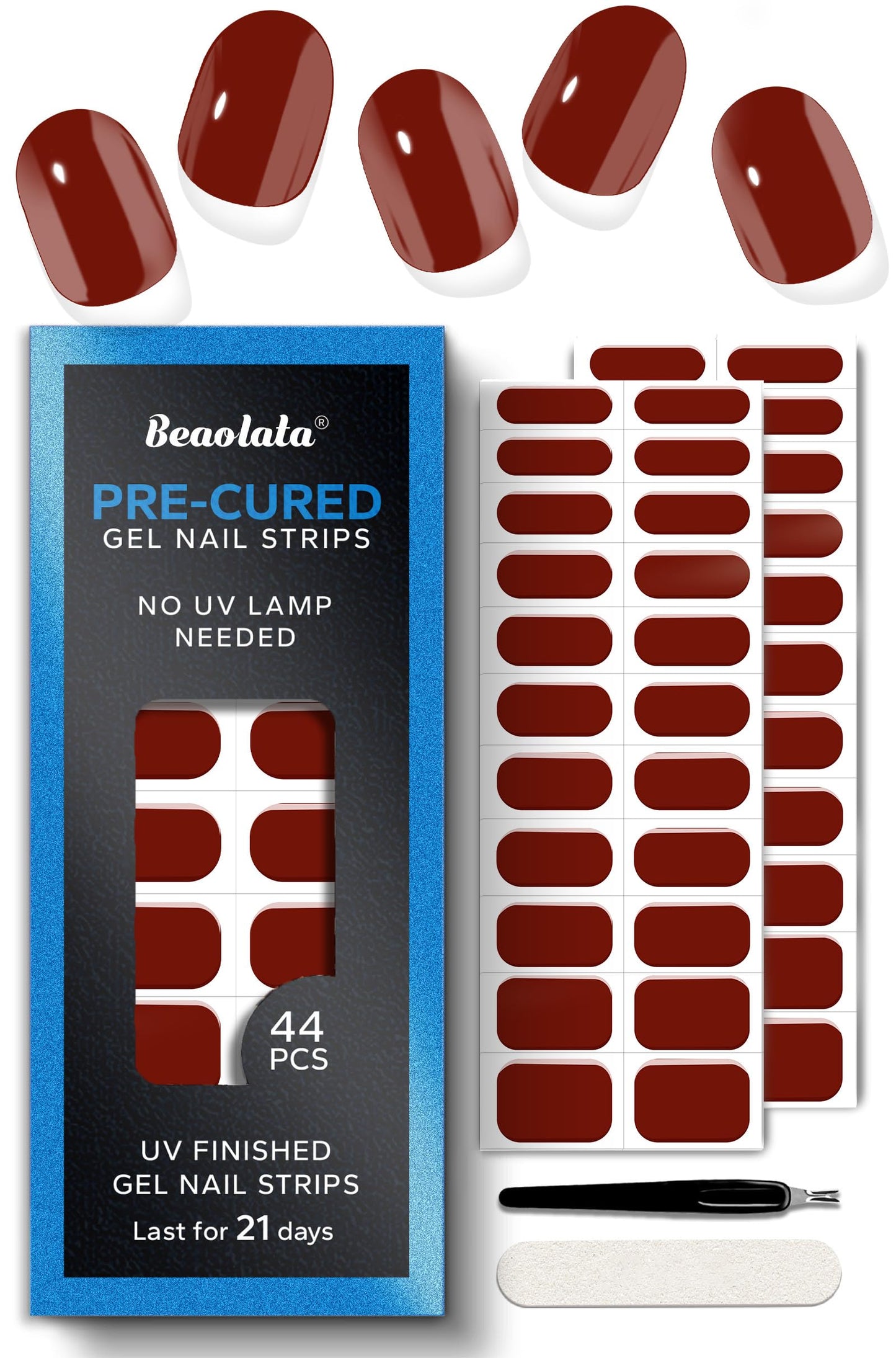 Beaolata Real Gel Nail Strips (No UV Light Needed) - 44Pcs Salon Quality Nail Stickers - Long Lasting Polish Wraps for Women, Easy Apply & Remove (Red Berries)