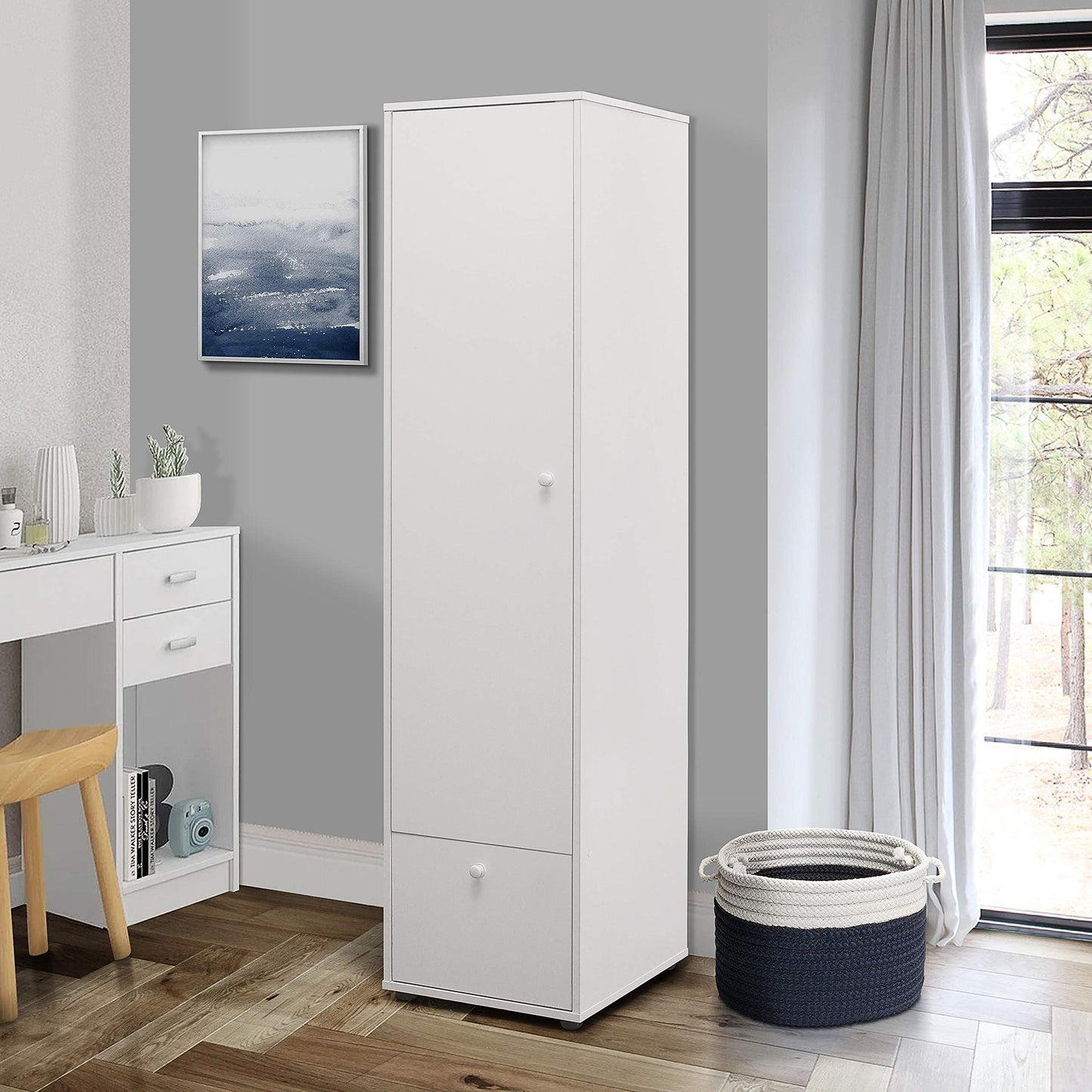 KB Designs Wardrobe Armoire Hanging Storage Closet with Garment Rod, Adjustable Shelf and Drawer, Compact Freestanding Bedroom Organizer Cabinet with Drawer Storage Unit, White
