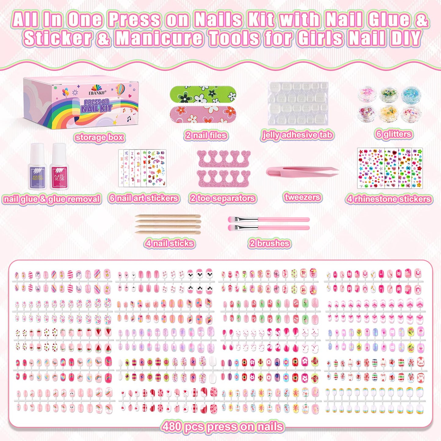 480 Pieces Press on Nails for Kids, EBANKU Girls Fake Nail Kit with Cute Nail Sticker Rhinestones Glitter, Nail Glue & Glue Removal & Sticky Tabs, Toe Separator & Other Manicure Tools w Storage Case