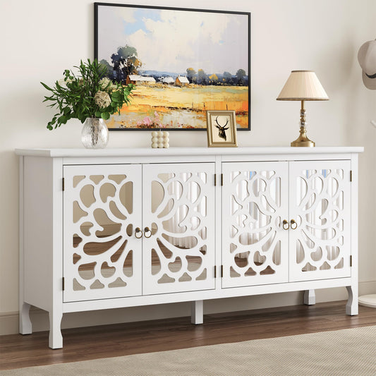 RoyalCraft 63'' Buffet Cabinet with Mirror Butterfly Carved Door, Sideboard Cabinet with Adjustable Shelves, Vintage Accent Credenza Media Console for Entryway, Kitchen, Satin White