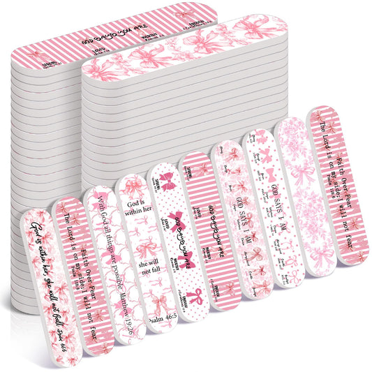 Lanties 50 Pcs Christian Gifts Bulk for Women Pink Bow Pary Favors Mini Nail Files Christian Party Favor Bible Verse Emery Boards Religious Gifts for Teacher Employee Staff Coworkers Office Supplies