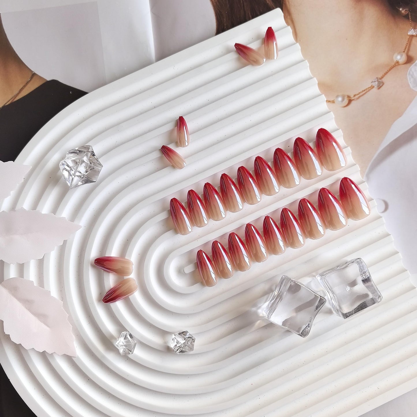Ombre Red Press On Nails Almond Stiletto - KQueenest Chrome French Press On Nails Medium, Sparkle Gradient Fake Nails Press on, Glazed Cute French Glue on Nails Medium, Stick On Nails for Women
