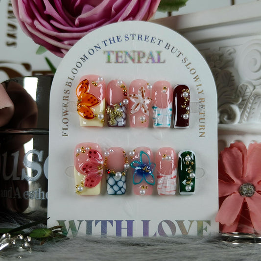 TENPAL Colorful French Tip Press on Nails Medium Coffin Square with 3D Shell Ocean Designs,Handmade Removable Glitter Salon Acrylic False Nails for Women Daily Wear 10pcs(M)