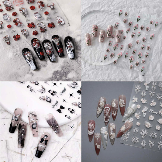 4 Sheets 3D Nail Stickers Package 4 Styles Self-Adhesive Small Nail Art Stickers Accessories for Women and Girls Manicure Decorations