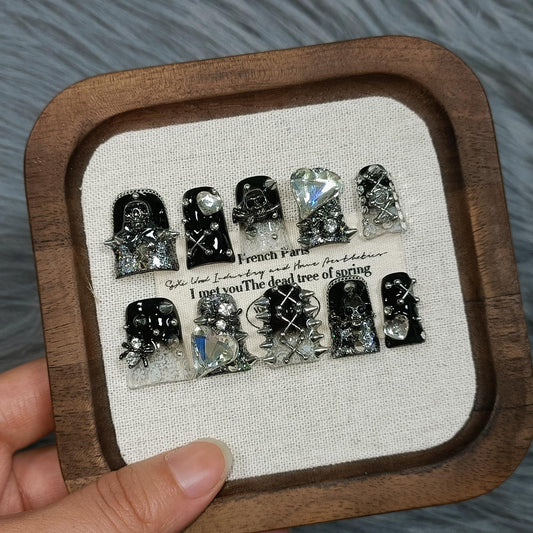 TENPAL 10Pcs Gothic Duck Nails Handmade Thick Press on Nails with Clip,Punk Studs Crystal Skull Short Duck Fake Nail Tips,Glossy Black Duckbill for Halloween Party,Reusable Dark Glam Glue on Nails(L)