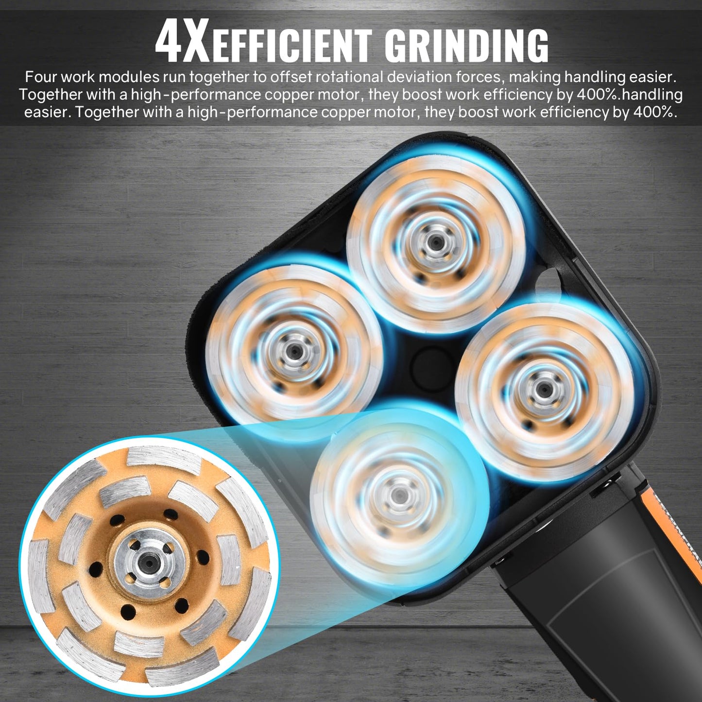 4-Head Concrete Grinder Set with Long Handle & Dust Extraction Shround, 4'' 3800W 6000RPM Concrete Floor Grinder Concrete Surface Planer 6 Gears & Auxiliary Wheels for Grinding Concrete Cement Marble