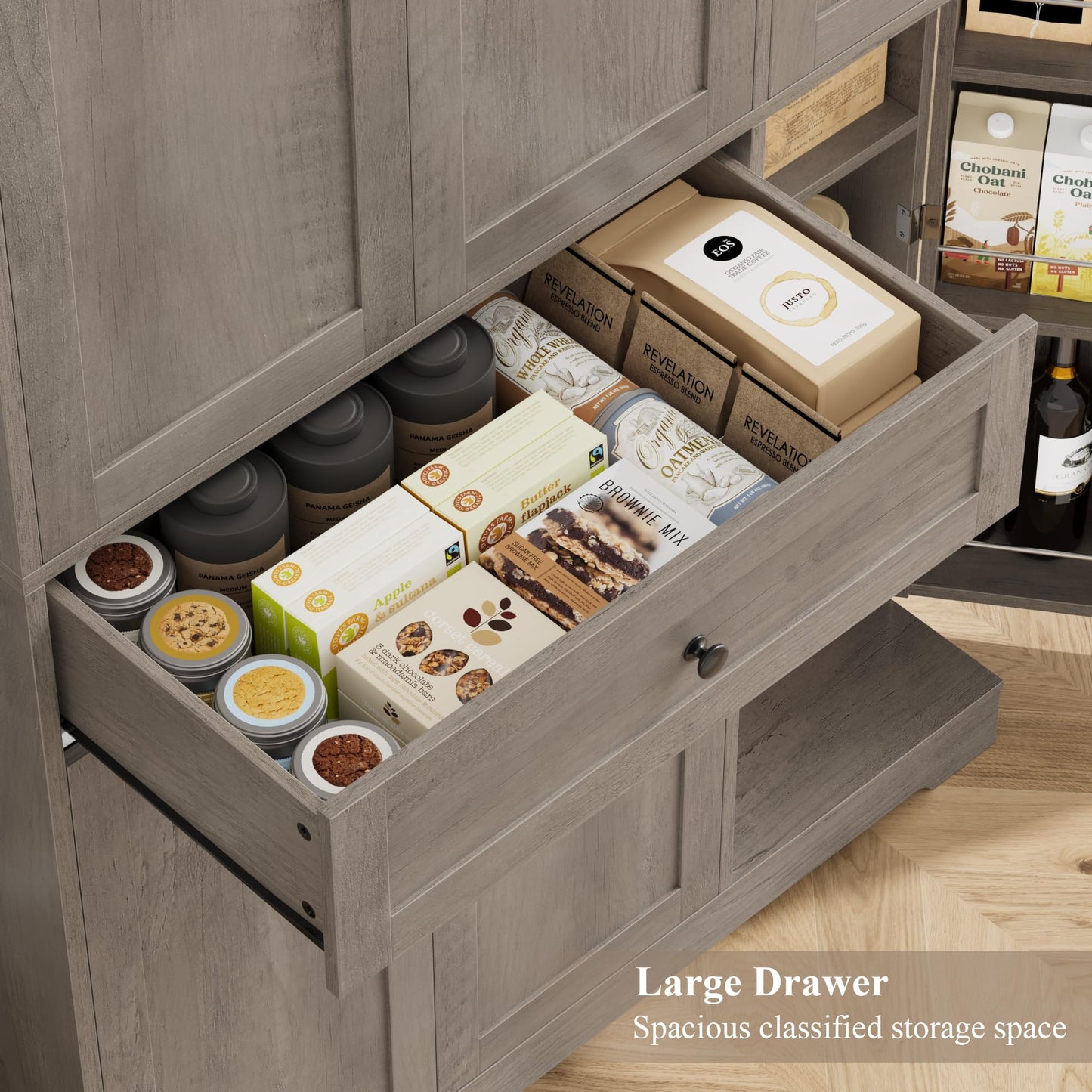 HOSTACK 68" Tall Kitchen Pantry Storage Cabinet, Modern Kitchen Hutch Cabinet with Doors and Shelves, Freestanding Food Pantry with Large Storage Drawer for Dining Room, Living Room, Ash Gray
