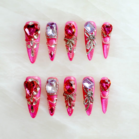 [GLORS] Luxury Press-On Nails, Pink Glitter False Nails with Rhinestones and Pearl Chain in Long Stiletto, 10 Pieces (S, LS)