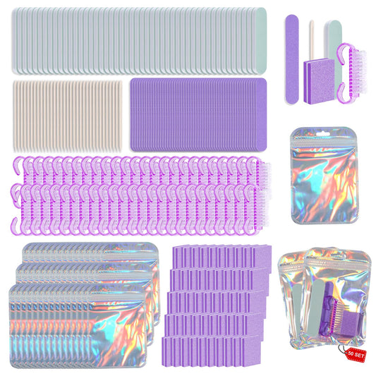 Disposable Manicure Kit Professional, 50 Set Press On Nail Tool Kit with Nail File, Nail Buffer, Nail Buffer Block, Nail Handle Brush, Wood Stick, Packaging Bag (Purple-50pcs)