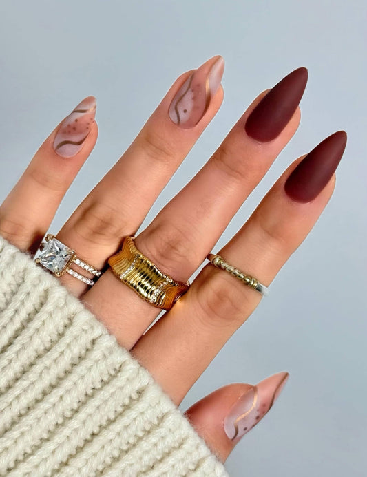 Mother's Day Nails Brown Glazed Chocolate Press on Nails, short almond, gold line french, Matte Marble with gold line, Perfect for Winter and Daily Wear, 24pcs Reusable, Nailinism