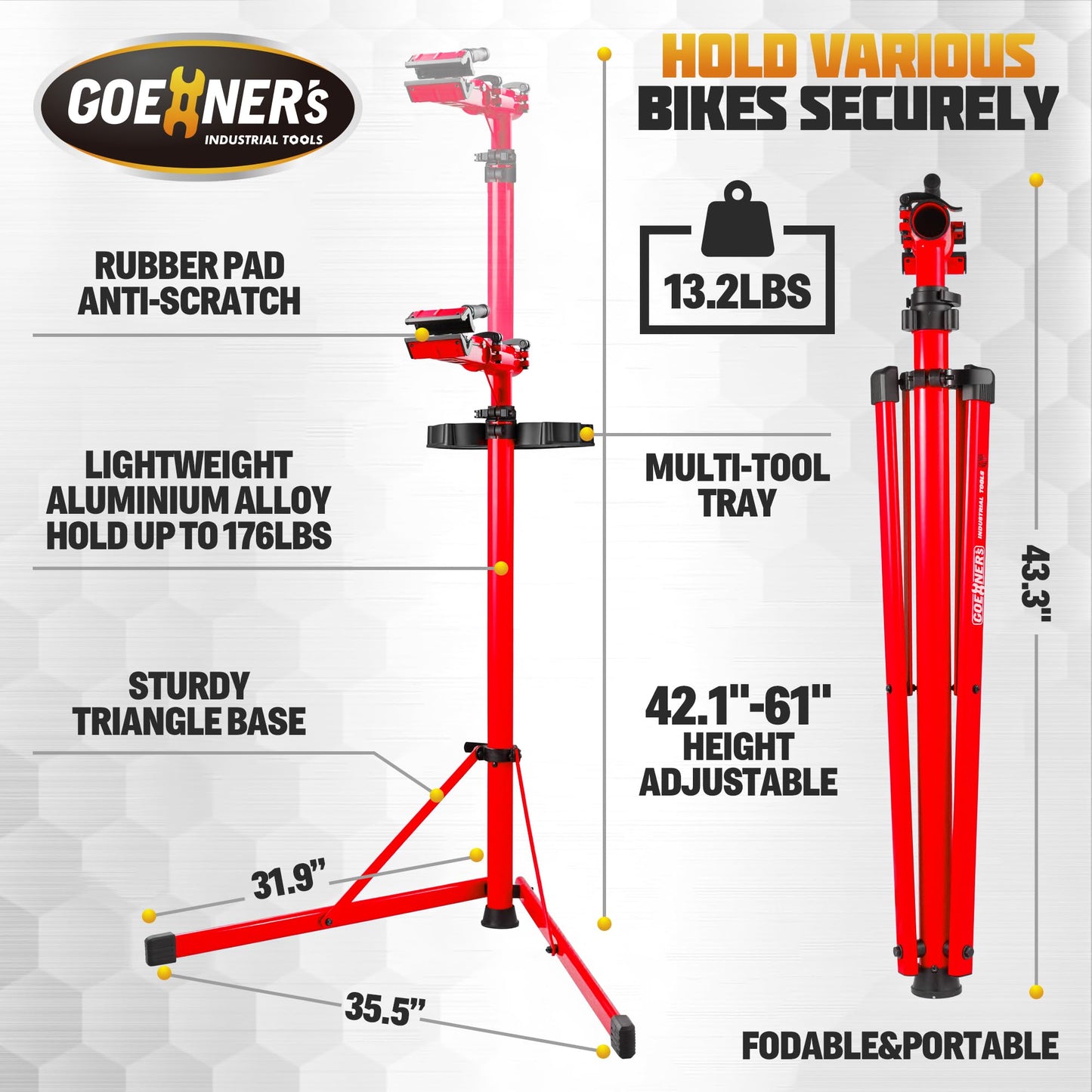 Osluken Professional Bike Repair Stand, 176 LBS Heavy Duty Portable Bicycle Mechanic Maintenance Workstand with Tool Tray, Steel & Aluminum Shop Home Adjustable Height Foldable Bike Work Stand for E Bike, MTB, RB