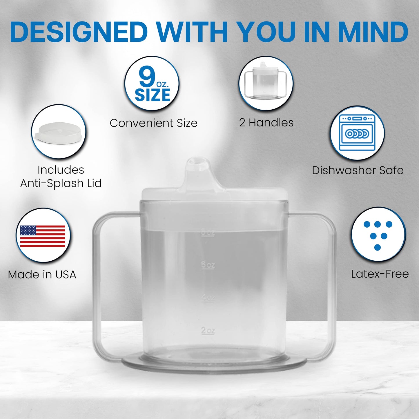 Providence Spillproof 9oz Adult Sippy Cup with 2 Handles - Independence Sip Cups for Adults for Limited Mobility - Handicapped Accessories - Handicap Cups for Elderly Care - Made in the USA - 3 Pack