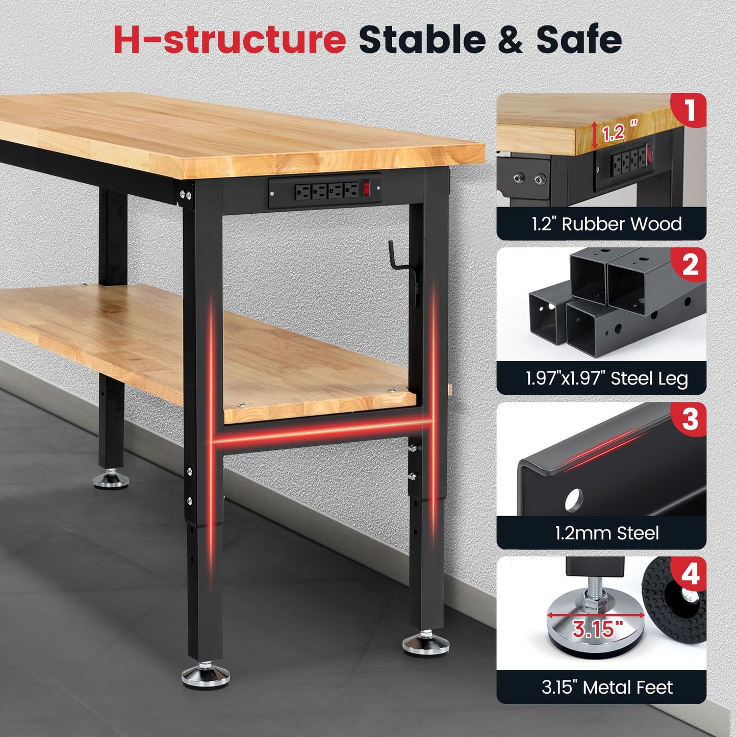 ENJOYWOOD 60" x 22" Heavy Duty Workbench Adjustable Height Garage Work Table with Solid Rubberwood Top, Pegboard & Power Outlets for Workshop, Home & Office
