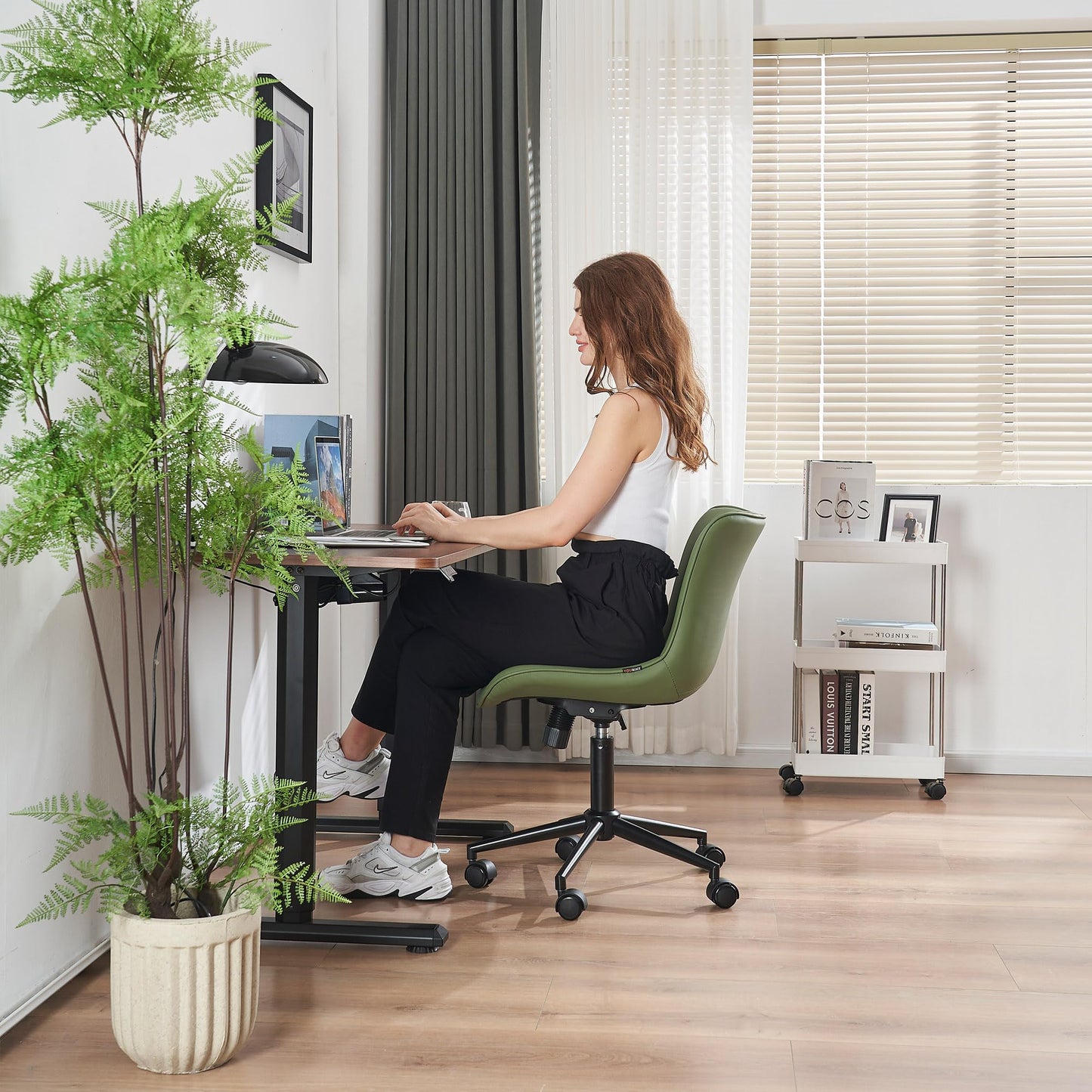 YOUNIKE Armless Home Office Desk Chair with Wheels Compact Comfy Vanity Chair with Adjustable Back Modern Small Leather Upholstered Rolling Swivel Cute Task Drafting Sewing Chair No Arms Olive Green