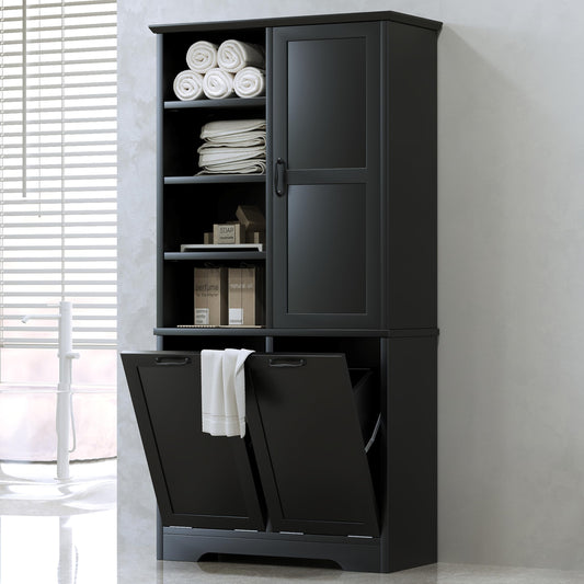 Tall Storage Cabinet with Door and Open Shelf, Multi-Functional Laundry Hamper Basket for Home Bathroom, Laundry Room, Black