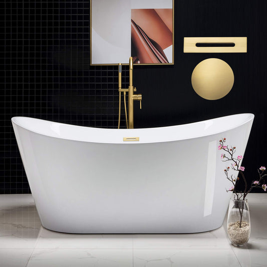 WOODBRIDGE 67" Acrylic Freestanding Bathtub Contemporary Soaking White Tub with Brushed Gold Overflow and Drain,B0010-BG