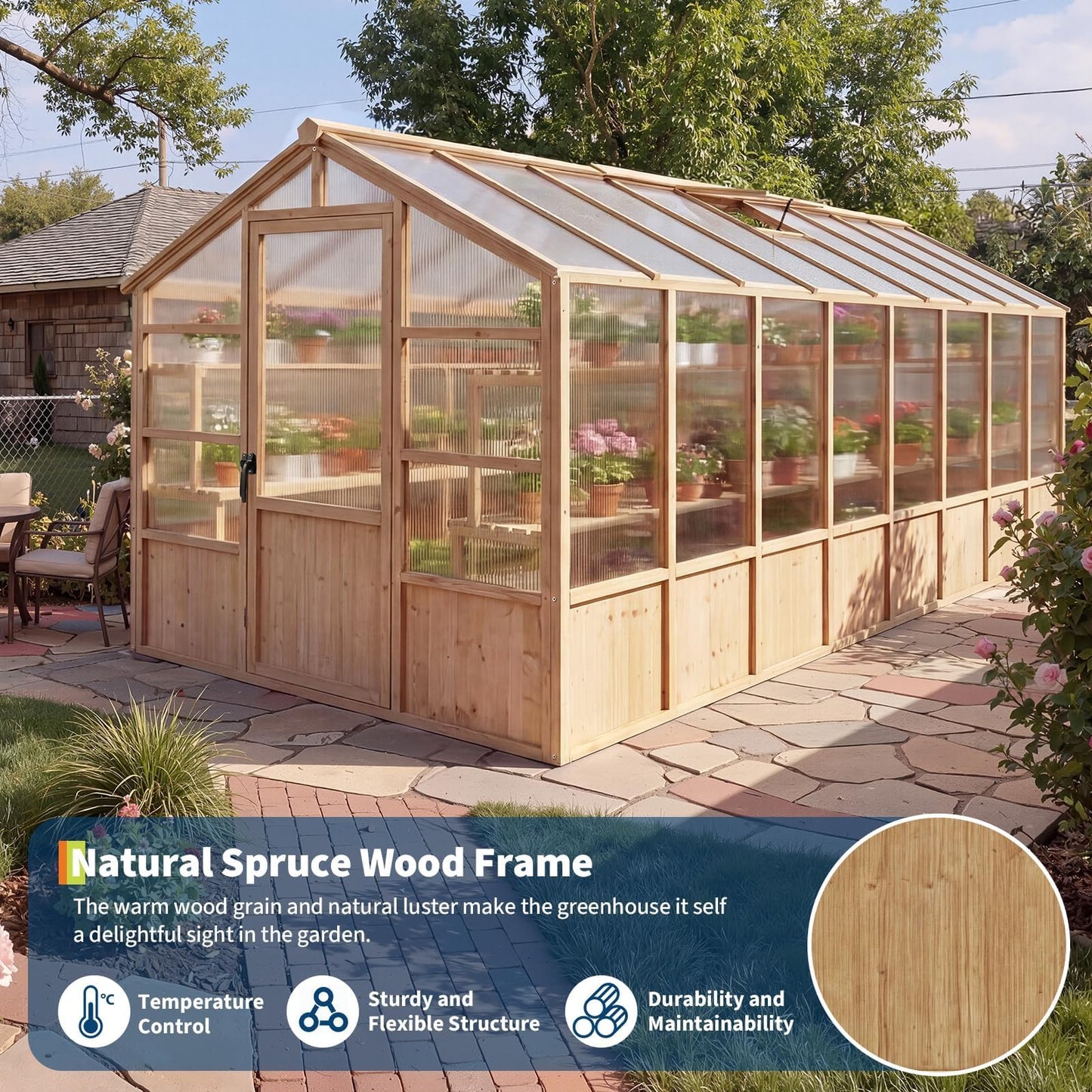 8X16 ft Outdoor Wooden Greenhouse with Lockable Door, Adjustable Roof Vent & Polycarbonate Panels, UV Protection, Large Cedar Wood Walk-in Green House for Garden, Backyard, Patio, Lawn, Light Brown