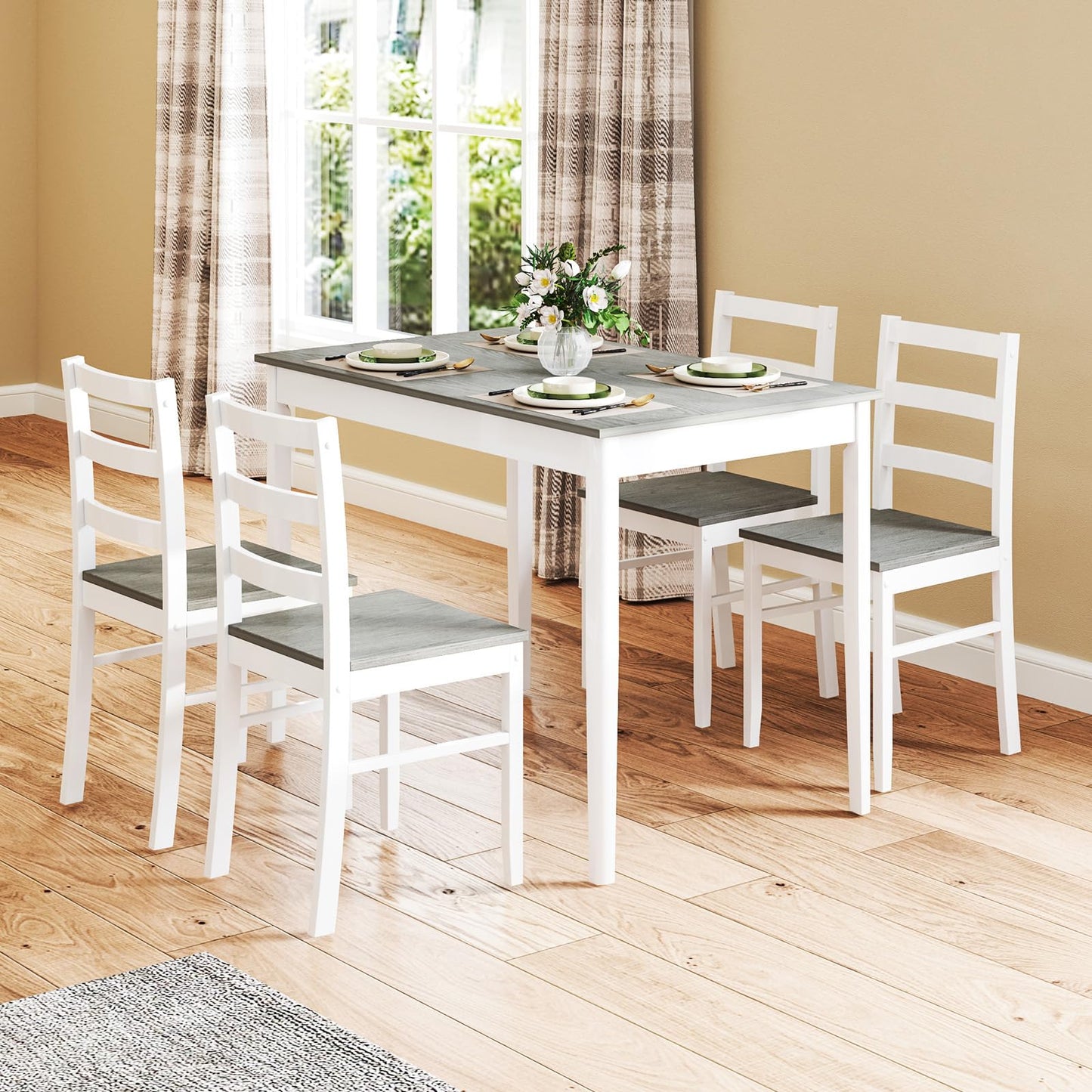 NAFORT 5 Piece Dining Table Set for 4, Farmhouse Solid Wood Kitchen Table Chairs Set of 4, Mid-Century Modern Dinette Set w/Rubber Wood Legs, Dining Room Table and 4 Chairs for Kitchen
