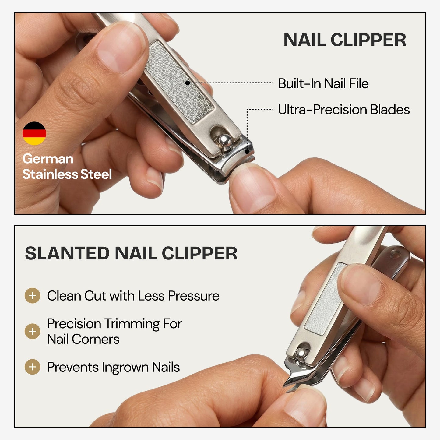 Beauty Power Manicure Pedicure Set 7-in-1 Stainless Steel, Ultra Sharp, Slanted Nail Clipper, Fingernail Clipper, Cuticle Nipper, Glass Nail File, Eyebrow Tweezers, Scissors, Case - Gift Idea - Gray