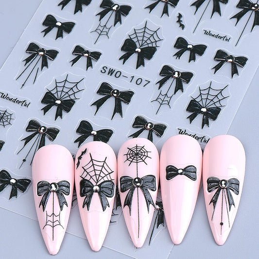 2Sheets Halloween Nail Art Stickers 3D Embossed Black Bow Spider Web Nail Decals with Rhinestones Design Nail Sticker Self Adhesive Bows Blood Drop Textured Nail Decal for Women DIY Nails Decor Supply