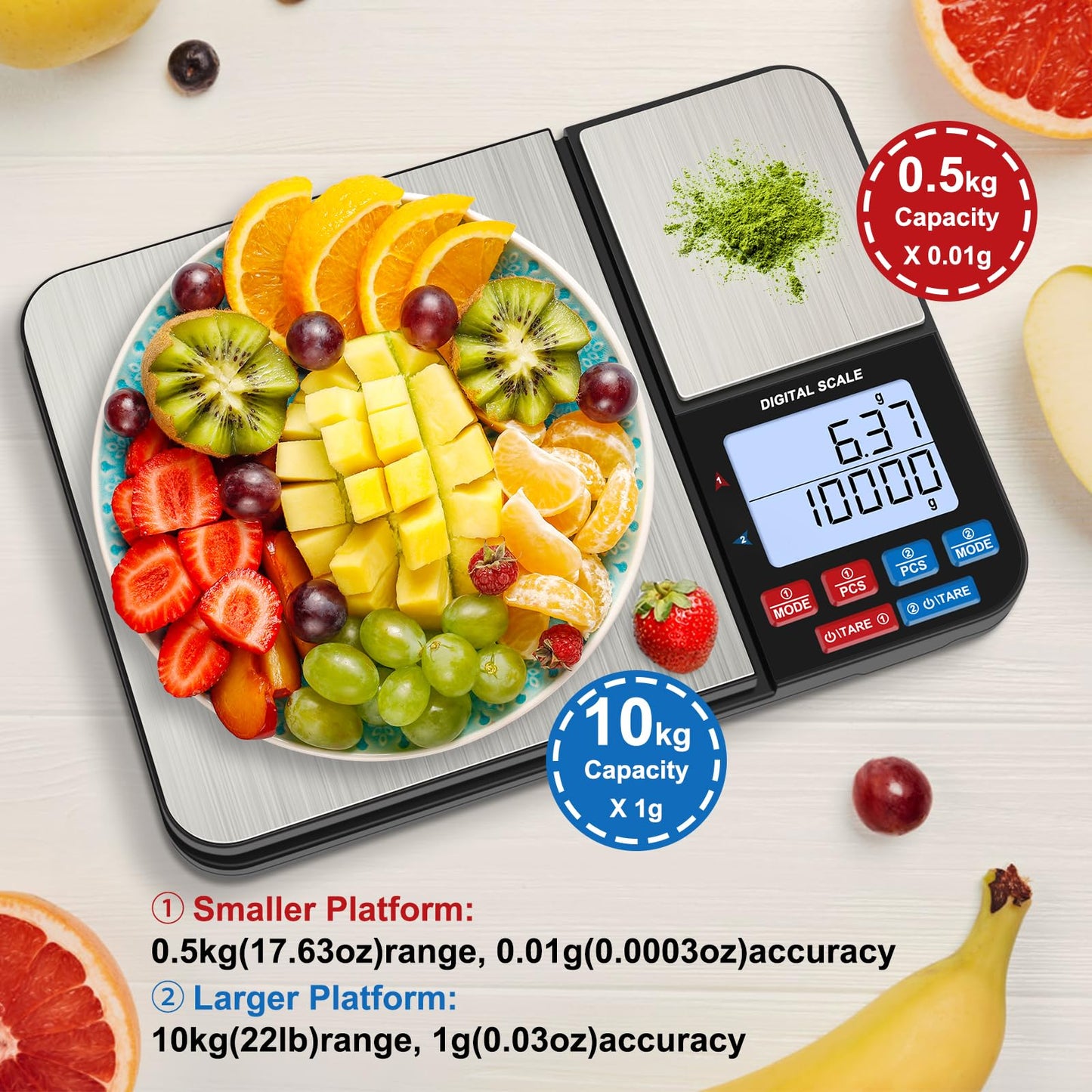 22lb Dual Platform Digital Kitchen Scale, Diyife® Stainless Steel Food Scale with 22lb and 17.6oz Precision Capacity (0.01oz/0.001oz), 7 Units, Tare, Multifunctional for Baking Cooking Food Weighing
