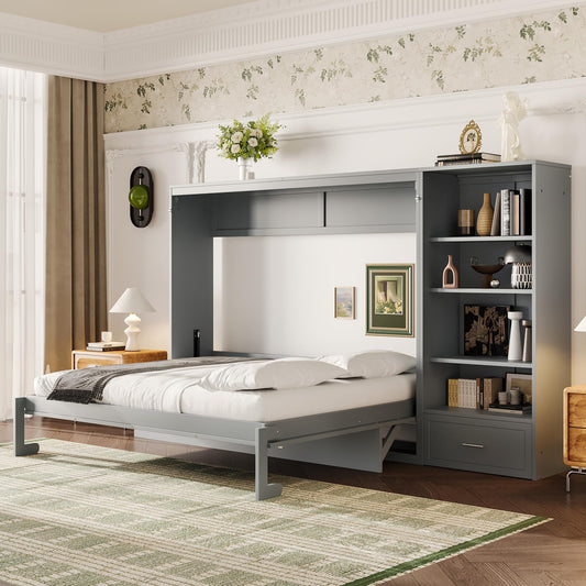 Merax Queen Murphy Bed with 3 Height Adjustable Storage Shelves & 1 Drawer, Wall Bed Frame Multifunctional Foldable Platform Bed for Small Space, Bedroom, Guest Room, Bear 500LBS (Gray)