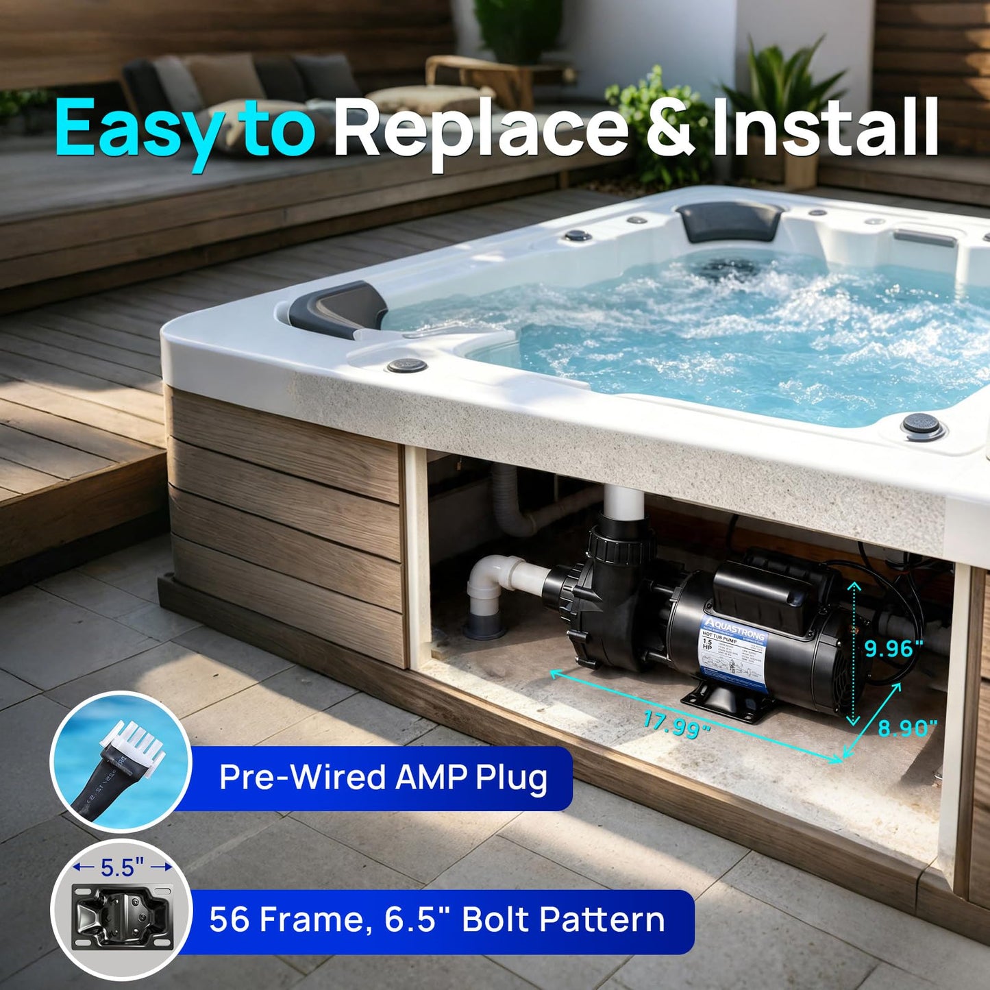 Aquastrong SPA Pump, Dual Speed Hot Tub Pump, Pure Copper Motor, Low Noise, Easy Installation with 1.5" & 2" Adapters, 90° Rotating Inlet & Outlet, Compatible with Hot Tubs & Spa Systems, Matte Black