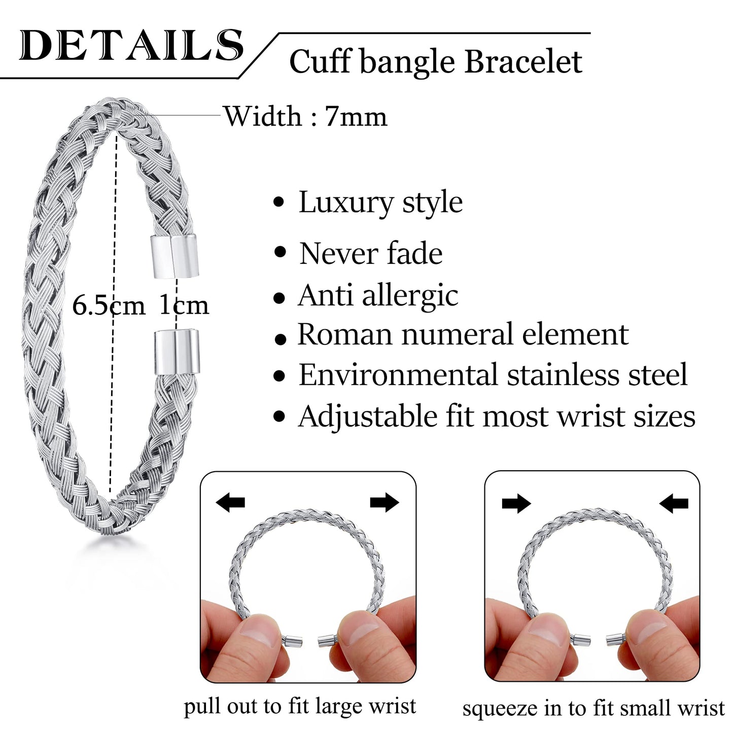 WFYOU 3PCS Stainless Steel Bracelets for Men Gold Roman Numeral Bangle Bracelet Twisted Cable Bracelet Adjustable Cuff Bracelet Mens Luxury Jewelry Bracelets Gifts(N:Silver-CZ Round Beads)