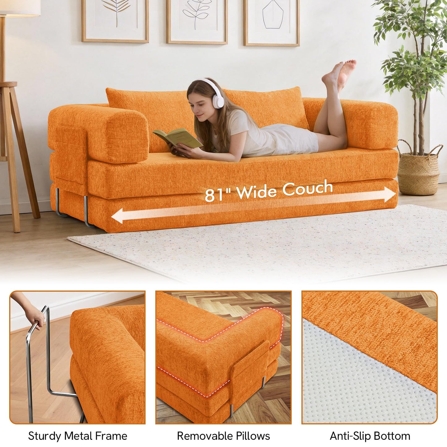 KozyNutria 81" Convertible Sofa Bed with Storage Pockets, 5-in-1 High Density Foam Boneless Couch, Corduroy Folding Futon Sleeper Sofa for Living Room Bedroom Apartment, No Assembly Required, Orange