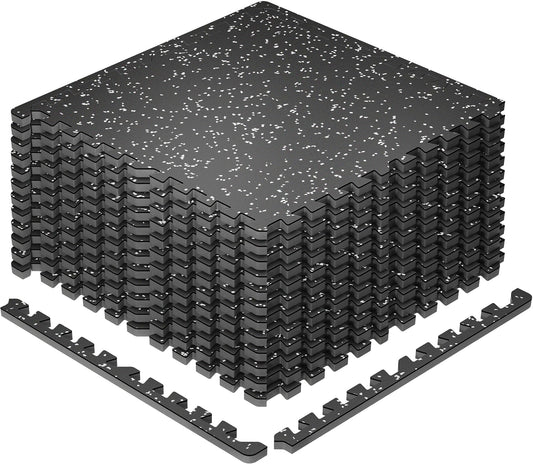 SUPERJARE 0.79'' Extra-Thick Exercise Equipment Mats, 12 Pcs 48 Sq Ft Rubber Top Floor Tiles with High Density EVA Foam, Interlocking Gym Flooring for Home Gym, Workout Mat, Black/Grey