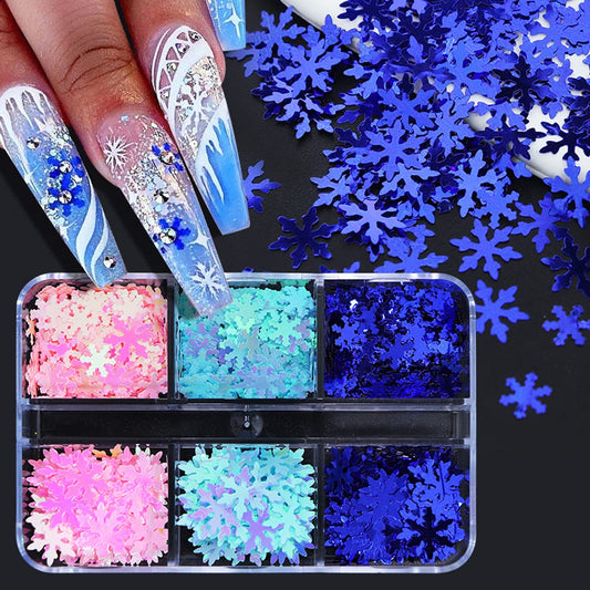 Snowflake Nail Glitters - 3D Snowflakes Nail Sequins - Snow Flakes Nail Stickers Winter Xmas Nail Art Supplies Blue Snowflakes Glitter Flakes Decals for Christmas Party Manicure Art Decoration 6 Grids