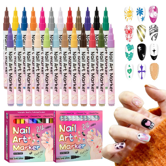 RFENLY 24 Colors Nail Art Pens Set, 3D 0.5MM Nail Polish Pens, DIY Nail Markers, Quick Drying Long Lasting Paint Graffiti Point Dotting Liner Pen Tools for Home & Salon