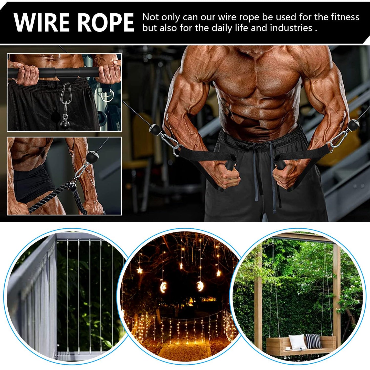 Taeku Fitness Pulley Cable, Heavy-Duty 6mm Steel Wire Rope for Home Gym, Adjustable Replacement Cable for Weightlifting, LAT Pulldown, and Cable Machine Accessories (78in)