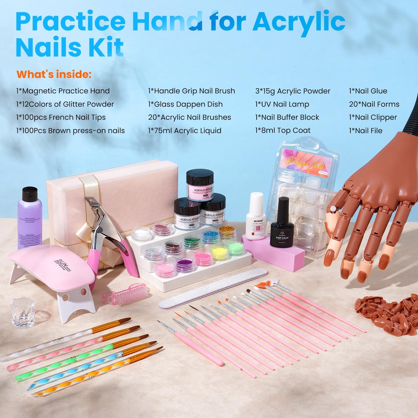 Magnetic Practice Hand for Acrylic Nails Kit: Flexible Nail Hands Acrylic Powder Set for Nail Extensions Caving - Mannequin Training Hand for Beginner Salon Home