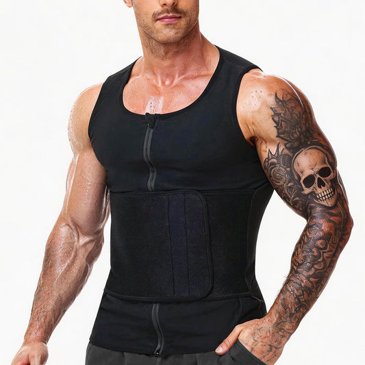 FEVOHOT Waist Trainer Sauna Shirt Suit For Men Sweat Compression Workout Gym Vest Body Shaper Zipper Tank Top Belt Belly Fat(BK 2XL)